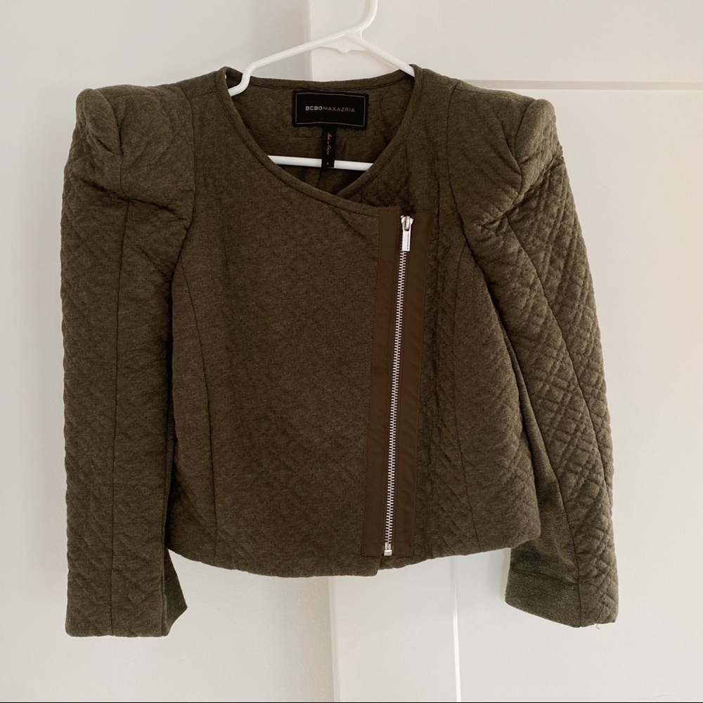 BCBGMaxAzria Olive Green Quilt Crop Puff Sleeve Jacket